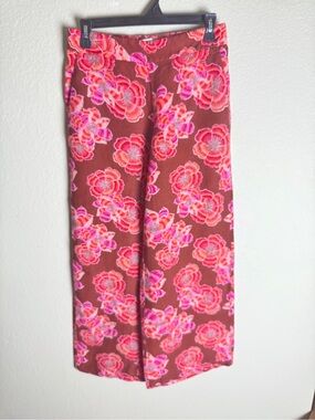 LOFT Women’s Brown Floral Wide-Leg Pants w/ Bow Elastic Waist Linen Blend XS